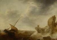 A Small Vessel Beating off a Rocky Coast