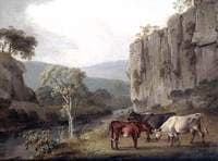 Three Cattle Grazing by a Stream under a Cliff Face