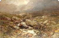 A Mountainous Landscape with Trees and Stream