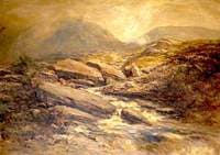 A River Scene with Rocks in the Foreground and Hills Beyond