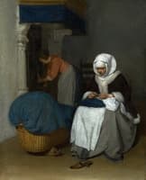 Woman Sewing beside a Cradle