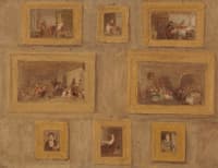 A Sketch of Eight Paintings Framed and Hanging on a Wall
