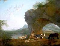 Italianate Landscape with a Herdsman and Three Sheep and Two Cows under a Rock Arch