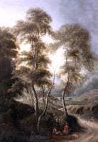 Figures Seated with a Dog in a Woodland Landscape