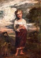 Girl Standing in a Landscape Holding a Newborn Lamb