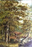 Woodland River Landscape with a Couple by a Bridge