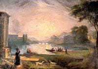 River Scene with Buildings and Bridge