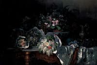 Bouquets of Flowers, an Imari Bowl, a Silver Ewer with Stand and Sugared Almonds