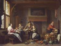 Kitchen Interior with a Man Bringing Fish for Sale