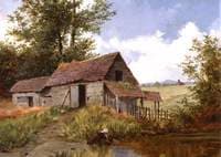 A Rustic Barn with a Girl Drawing Water