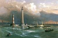 HMS 'Vivid' Passing the Old and New Eddystone Lighthouses, the Channel Squadron in the Distance