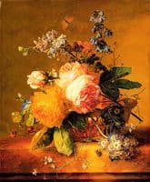 Flowers in a Basket on a Marble Ledge
