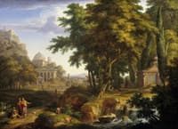 Arcadian landscape with the healing of the crippled man by Saints Peter and John