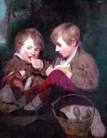 Two Boys Picnicking with a Dog