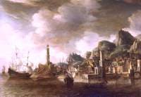 A Dutch Flagship and a Fluyt Running into a Mediterranean Harbour