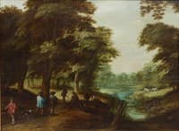 An Idyllic Forest Landscape with People Strolling along a Path