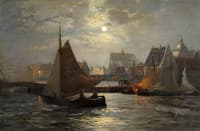 Harbor Scene with Full Moon