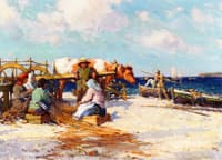 Fishermen Mending Nets on the Beach