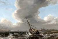 A Small Dutch Vessel at Anchor off the Coast in a Rough Sea