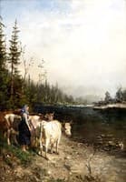 Milkmaid with Cows by Riverbank