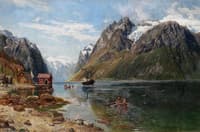 Steamer and Rowboats in a Fjord Landscape