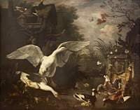 Swans and Duck by a Stream