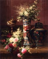 Roses, Peonies and Forget-me-nots in a Japanese Vase