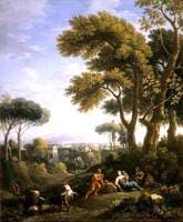 A Classical Landscape with a Traveller and Two Women Conversing and Three Goats Gambolling