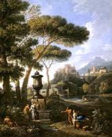 A Classical Landscape with Five Figures Conversing by a Fountain Topped by a Figured Urn