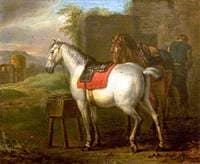 Two Horses by a Stable