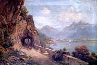 Alpine Lakeside View, with a Three-Horse Coach