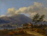 Mountainous Landscape with Two Shepherds, a Shepherdess and Cattle