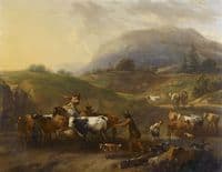 A Mountainous Landscape with Herdsmen Driving Cattle Down a Road