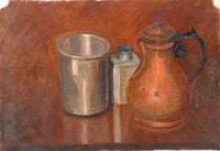 Silver Ink Stand, Mug and Copper Coffee Pot
