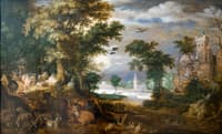 A Wooded Landscape with Cows and Goats