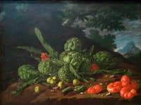 Still Life of Artichokes and Tomatoes in a Landscape