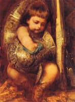 Ein Putto reinigt die Waffen des Mars