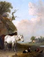 Landscape with Two Horses and a Goat by a Shed
