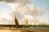 A Dutch Beach Scene with a Man-of-War in the Distance