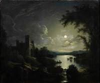 A Castle and Lake by Moonlight