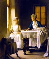 Interior with Two Women Folding Sheets
