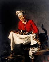 Jeune Commis avec Chiots et Chatons