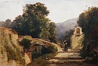 Mountainous Landscape with People by a Bridge