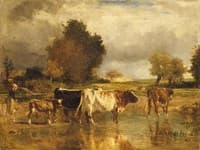 Vaches et veau buvant à une mare (Cows and Calf at a Pool)