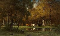 Cows by a Forest Lake