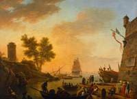 Evening Harbour Scene with Boats being Unloaded and Spectators