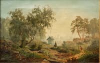 Woman in forest landscape with stream and houses