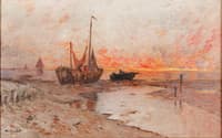 Fishing Boats on the Beach at Dusk
