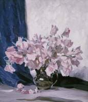 Pink Flowers and Blue Curtain