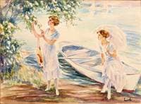 Two elegant ladies and a rowing boat by the waterfront